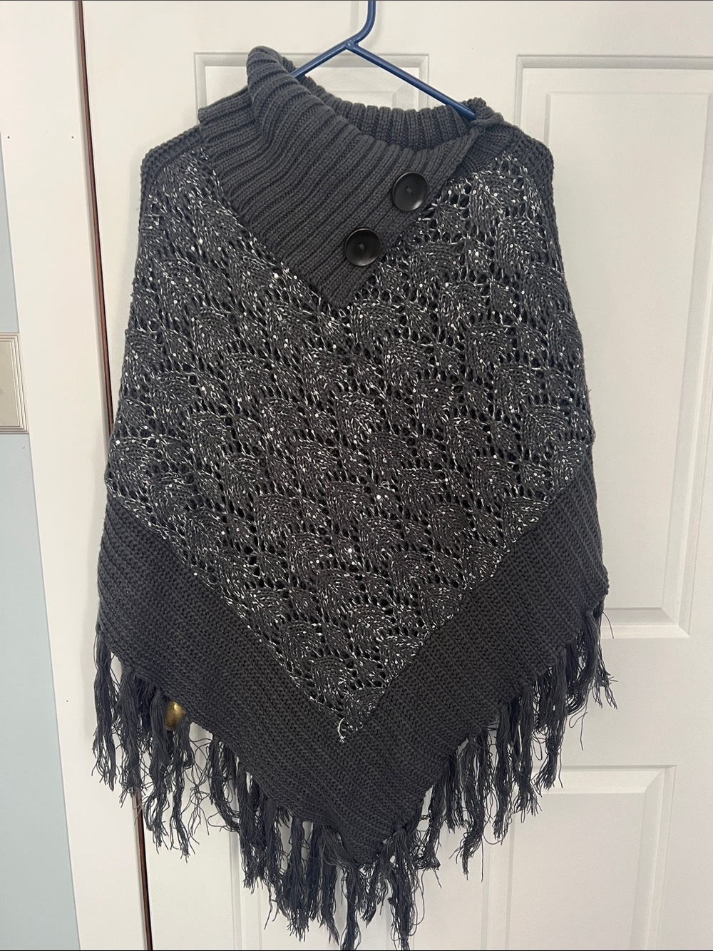Dark Gray Fringe Knit Poncho Sweater with Buttoned Collar